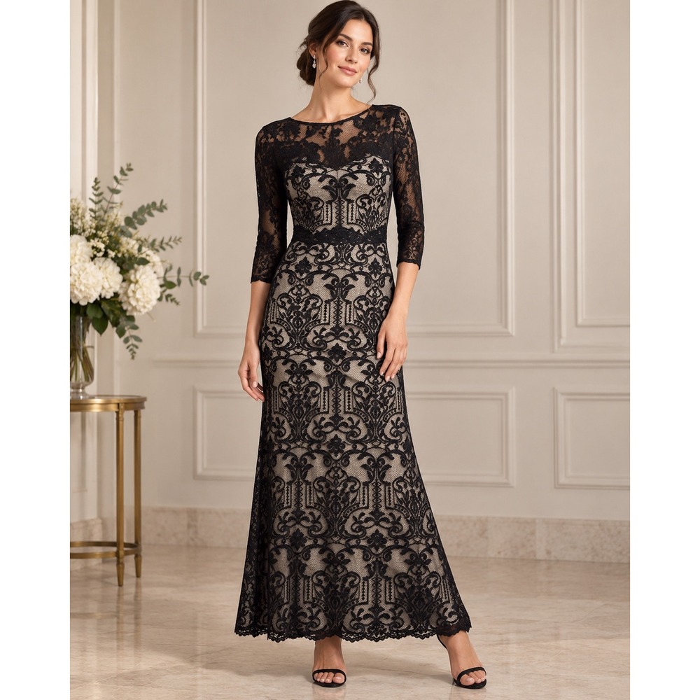 Melrose Lace Maxi Dress Womens 10 Black Nude Illusion Neckline Formal Goth Gown